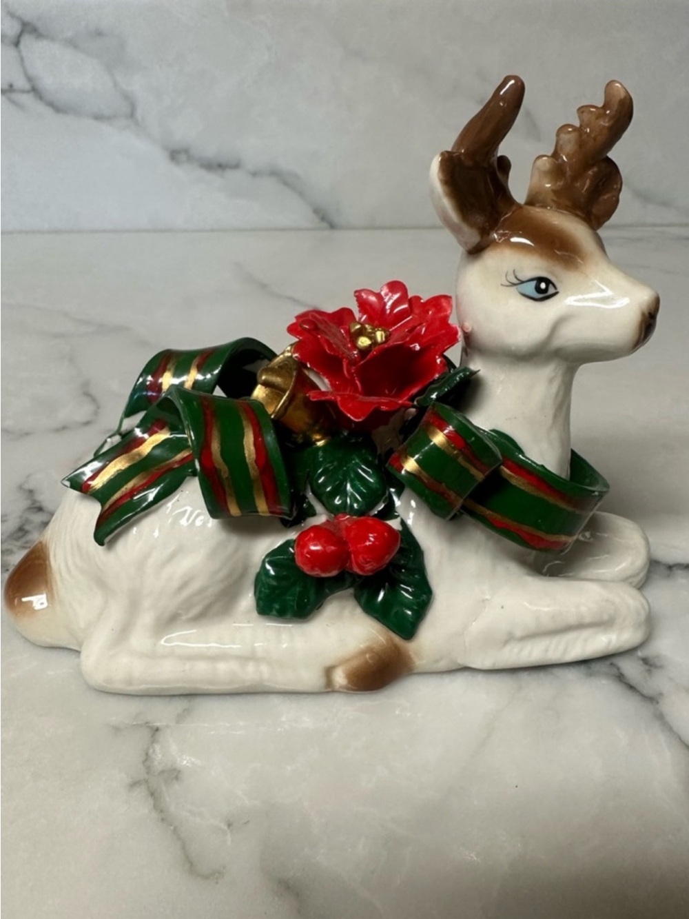 Vtg Christmas Reindeer figurine Green Ribbon Red Poinsettia White Resting Deer